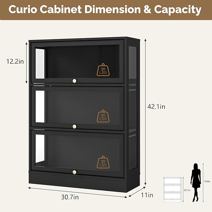 Display Cabinet with Acrylic Glass Doors, 3-Tiers Curio Cabinet with LED - Image 2