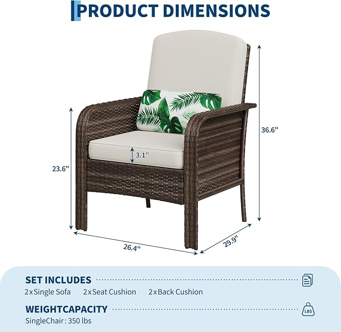 GarveeHome Outdoor Wicker Chairs Set of 2, All-Weather High Back Rattan Patio - Image 2