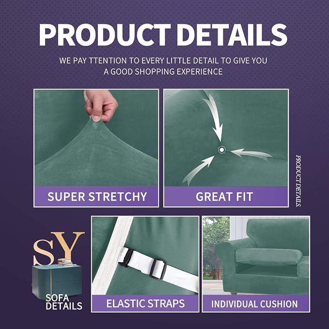 ZNSAYOTX Luxury Velvet Couch Cover 4 Piece Stretch Sofa Covers - Image 4