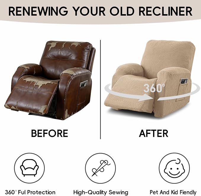 Recliner Chair Covers, 4-Piece Stretch Geometric Strokes Jacquard Reclining - Image 6
