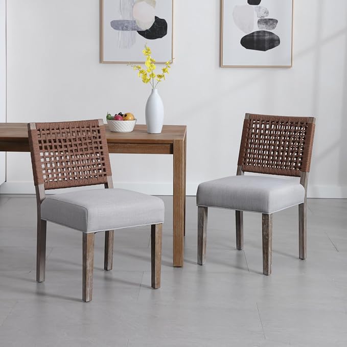 LZAREAL Farmhouse Dining Chairs Set of 2 Linen Fabric Upholstered Accent Side - Image 3