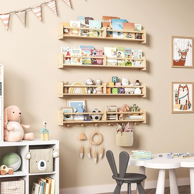 34Inch Nursery Bookshelves, Wall Floating Shelf Kids Coat Rack - Image 2