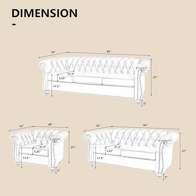 QHITTY 3 Piece Living Room Set, Sectional Chesterfield Sofa Chair Contemporary - Image 2