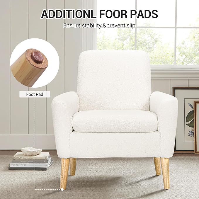 Sherpa Accent Chair, Modern White Teddy Fabric Upholstered Comfortable Armchair - Image 5