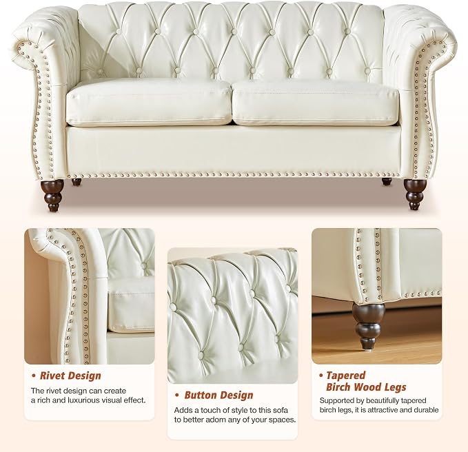 ORRD 2 Pieces Living Room Set, Chesterfield Faux Leather Sofa Loveseat Couch - Image 5