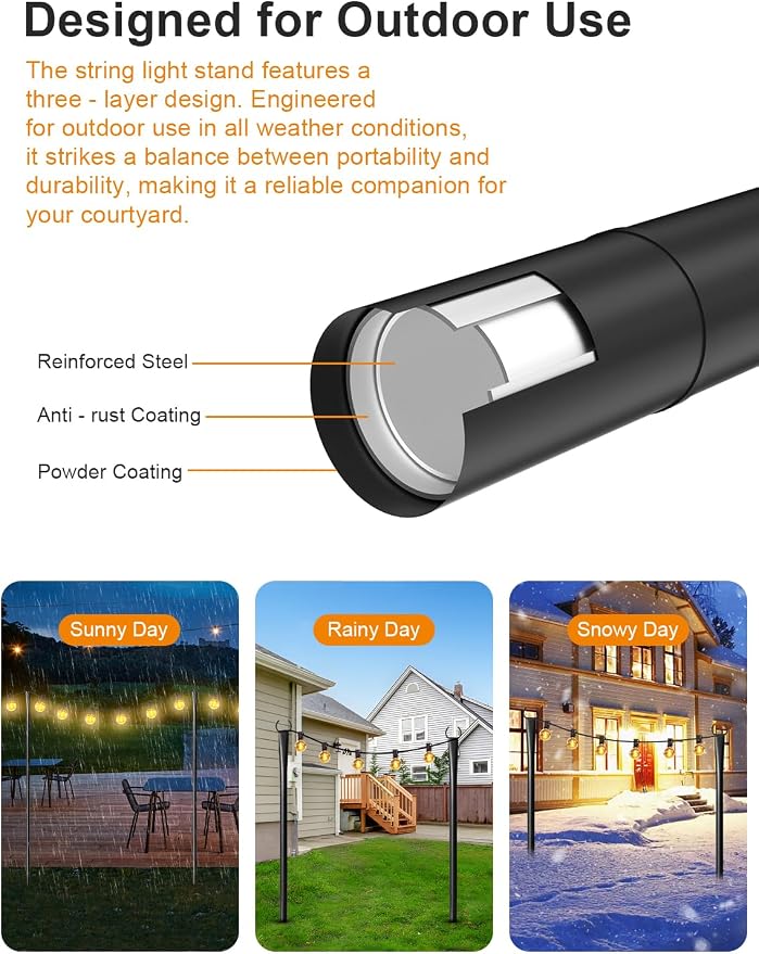 2 Pack String Light Poles for Outside, Thickened Metal Lights Hanger Pole - Image 5