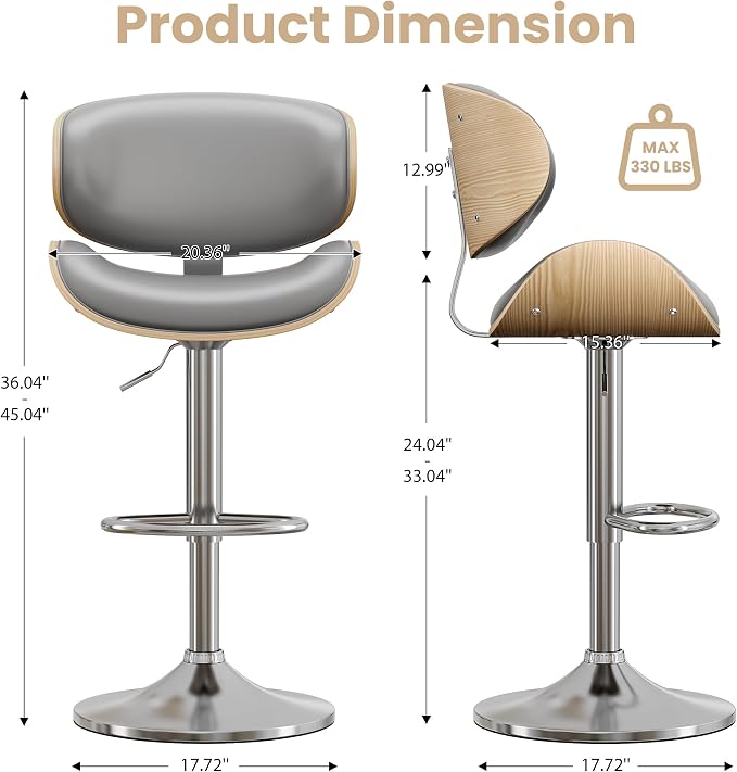 YaFiti Bar Stools Set of 3, Bentwood Adjustable Height Swivel Bar Stools - Image 2