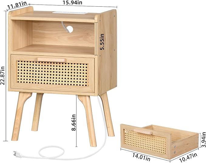 Lerliuo Rattan Nightstand with Charging Station, Boho Night Stand with Handmade - Image 3