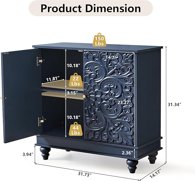 weselon Accent Cabinet with 2 Doors, Luxury Carving Board Storage Sideboard - Image 2