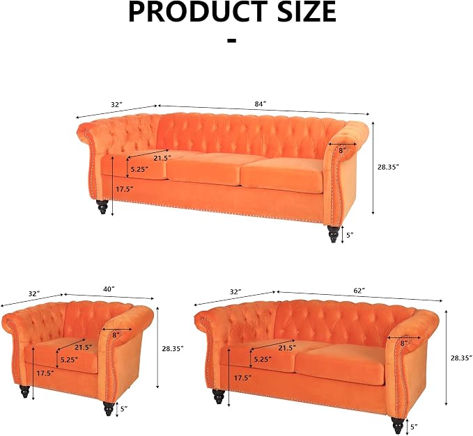 RARZOE 3 Pieces Living Room Furniture Sofa Set, Chesterfield Style, Velvet - Image 2