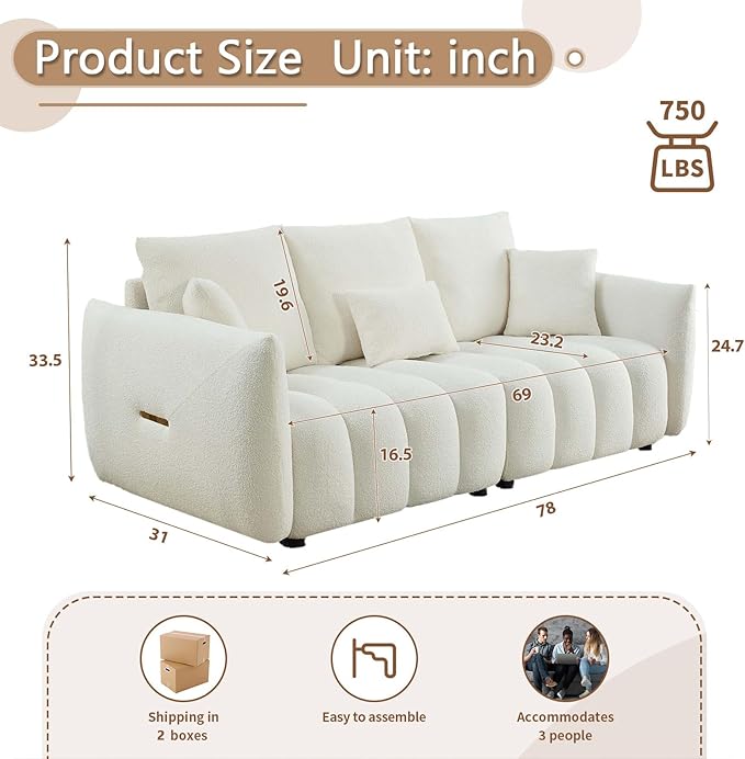 Antetek 78" Modern Sofa Couch, Comfy Deep Seat Teddy Cloud Sofa, Upholstered - Image 2