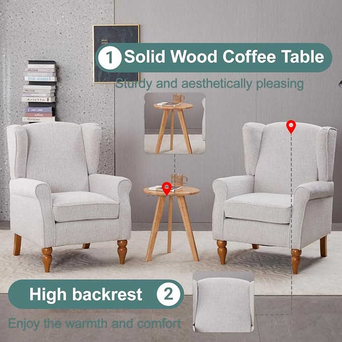 Vintage Style Wingback Chair and Coffee Table Set Solid Wood Frame Beige Fabric - Image 8