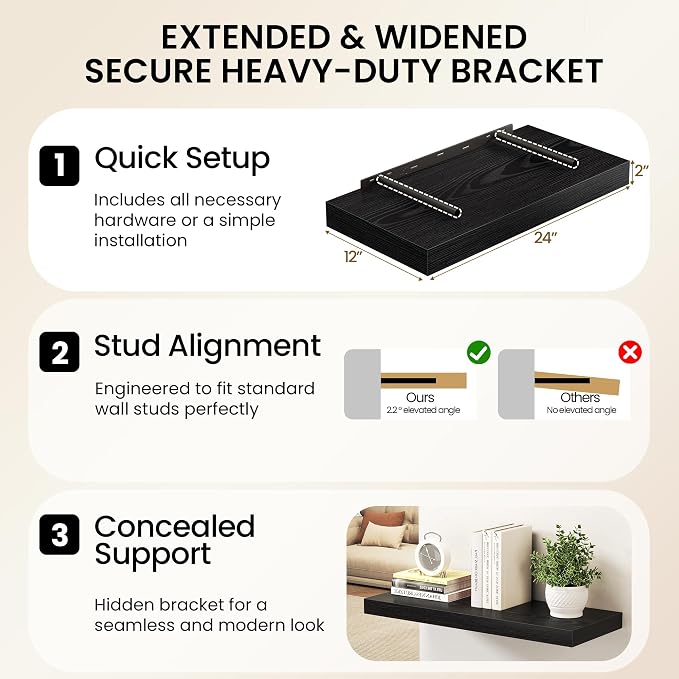 40Inch Black Floating Shelves for Wall, 12 Inch Deep Shelves for Bedroom - Image 6