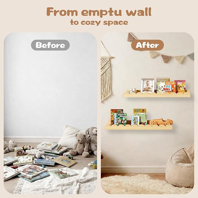 Nursery Floating Shelves for Kids Room, 4 Pack 15.7 Inch Natural Wood Wall - Image 2