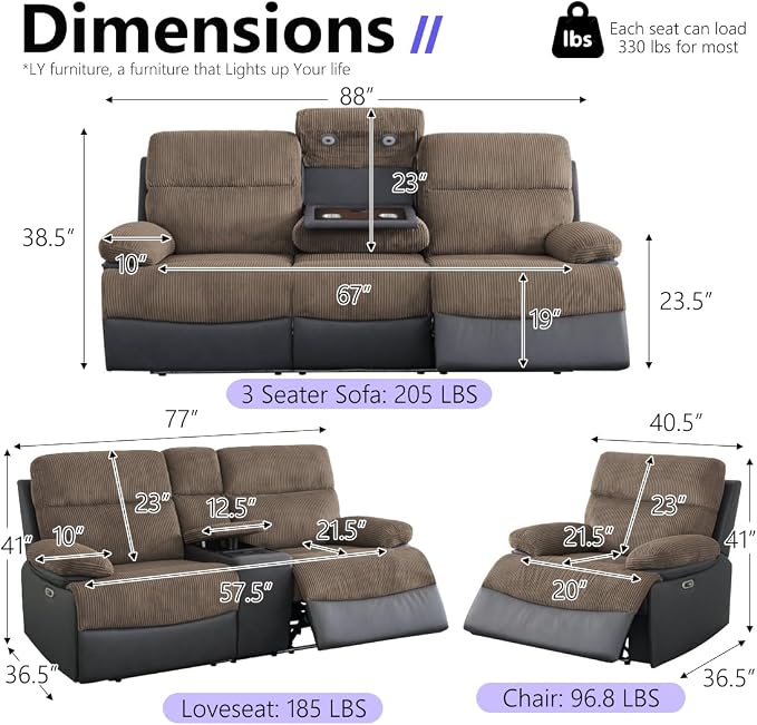 Power Recliner Sofa Set, Corduroy & Leather Fabric Reclining Sofa Couch - Image 2