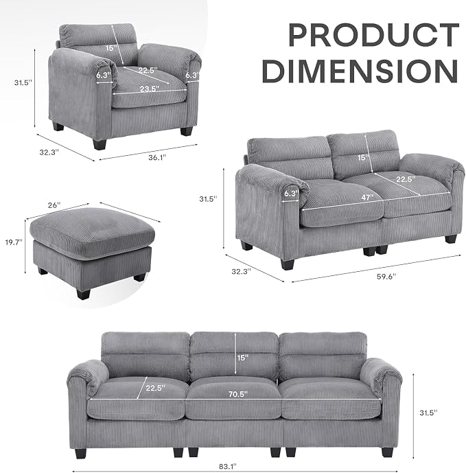 HAOMARKETS Corduroy 4-Piece Sofa Set, Upholstered Ottoman Set of 2 and Accent - Image 2