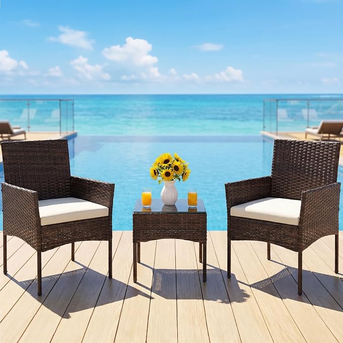 DUMOS 3 Piece Patio Furniture Set, All-Weather Outdoor Wicker Chairs - Image 3