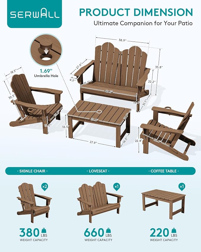 SERWALL 5 Pieces HDPE Patio Adirondack Chair Set, 2 Adirondack Chair - Image 2