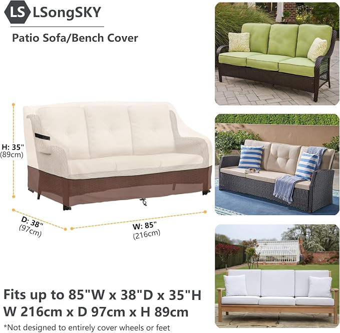 Patio 3-Seater Sofa Cover, Outdoor Couch Cover Fits up to 85W x 38D x 35H Inches - Image 3