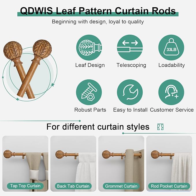 QDWIS Boho Wood Curtain Rods for Windows 66 to 120 inch, Rustic Decorative - Image 6