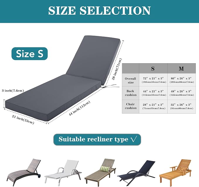 Chaise Lounge Cushion for Outdoor Furniture, Waterproof Fade and Tear Resistant - Image 3