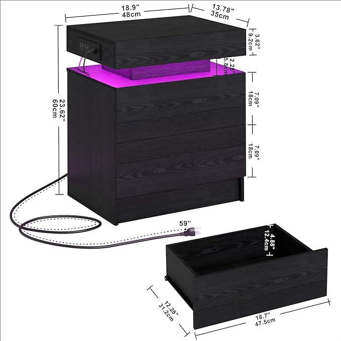 LIKIMIO Night Stand with Charging Station, Modern Black Nightstand with LED - Image 2