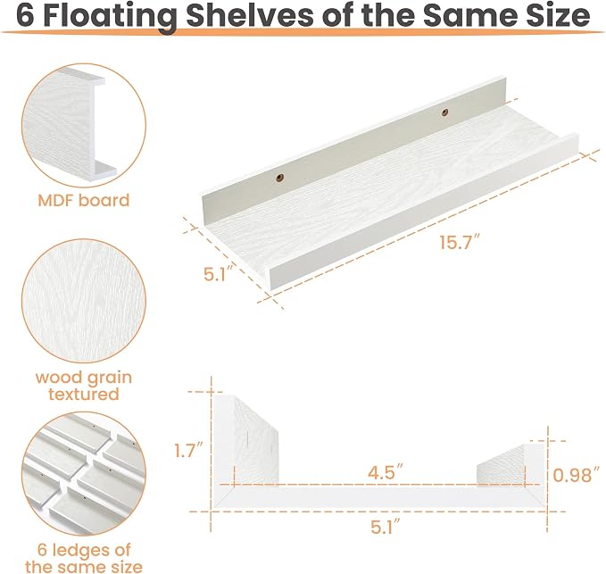 upsimples Floating Shelves for Wall, Wall Shelves for Decor Storage Set of 6 - Image 3