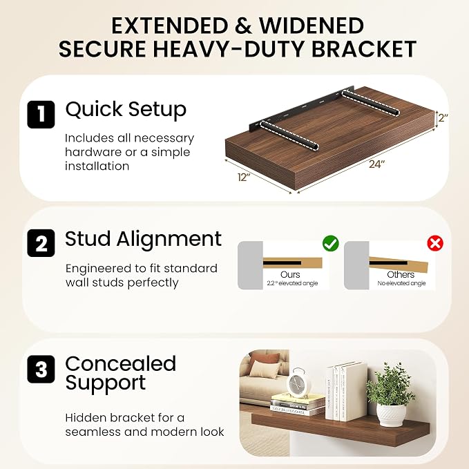 Walnut Floating Shelves 55Inch Long, 12 Inch Deep Floating Shelves - Image 6