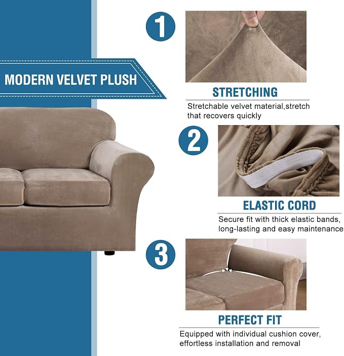 H.VERSAILTEX Modern Velvet Plush 4 Piece High Stretch Sofa Slipcover Strap Sofa - Image 3