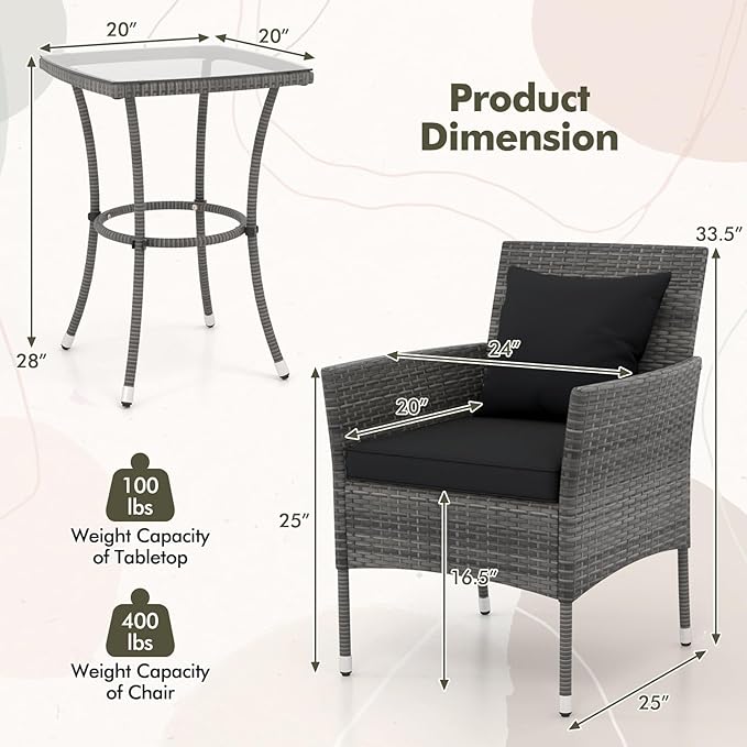 Tangkula 3-Piece Patio Furniture Set, PE Wicker Conversation Bistro Set w/A - Image 4