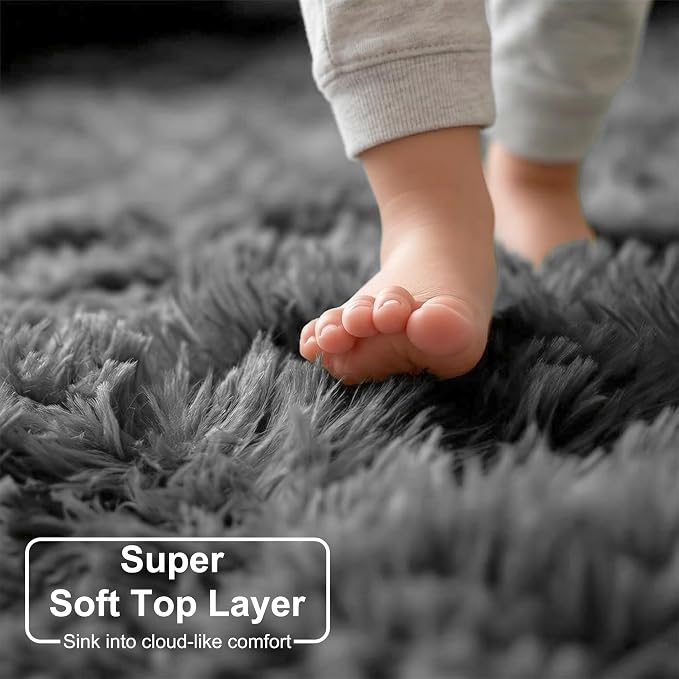 Grey Round Rugs 5Ft for Living Room Bedroom Aesthetic, Fluffy Fuzzy Shag Shaggy - Image 2