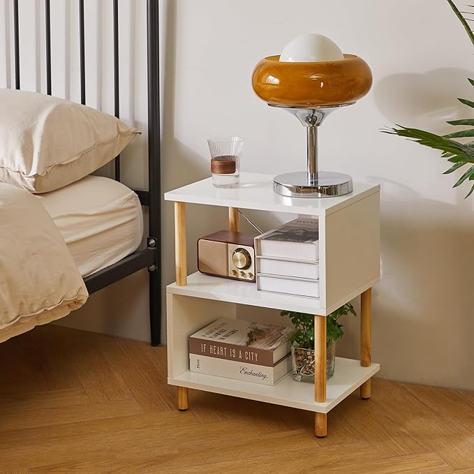Aibiju White Night Stand with Open Storage Shelf, Wood Nightstand S Shape - Image 5