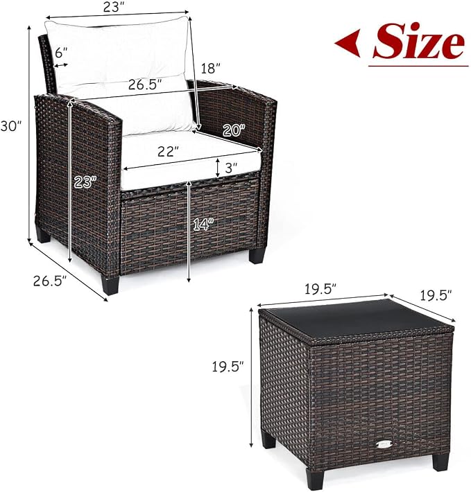 HAPPYGRILL 3 Pieces Patio Conversation Set, Outdoor Furniture Set PE Rattan - Image 9