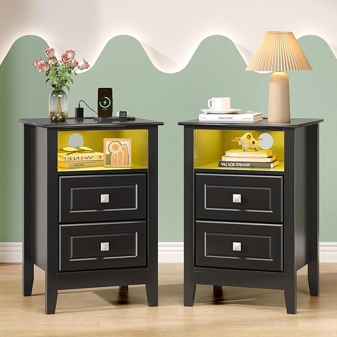 Bonnlo Black Nightstand Set of 2 by Bonnlo