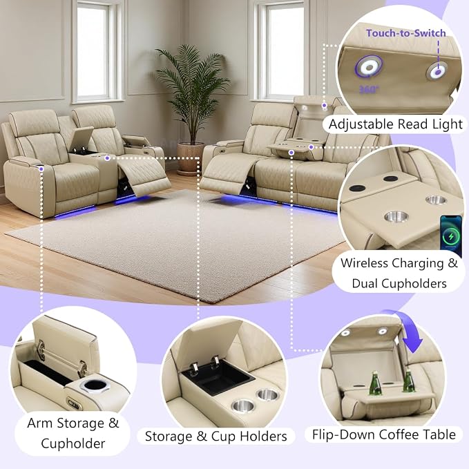 Leather Power Recliner Sofa Set, Living Room Furniture Sets, 2 Piece Reclining - Image 5