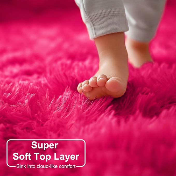 Hot Pink Round Rug 4Ft for Girls Bedroom, Fluffy Circle Area Rugs for Kids Room - Image 4