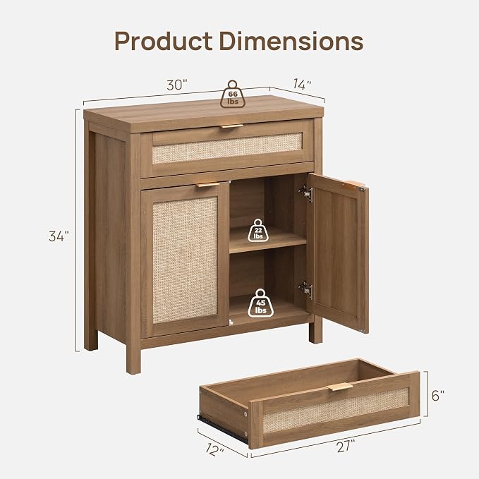 SICOTAS Sideboard Buffet Cabinet Set of 3, Rattan Credenza Storage Cabinet - Image 2