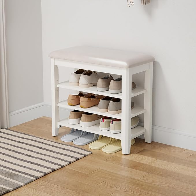 AQIMUELE Shoe Bench with Leather Cushion, 3 Tiers Shoe Storage Bench Height by AQIMUELE