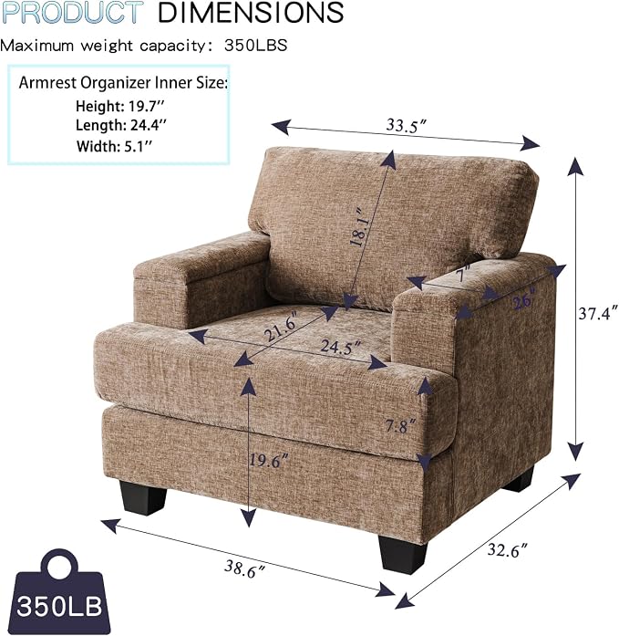Oversized Accent Chair with Armrest Organizer, Living Room Chairs with 7.8'' - Image 2