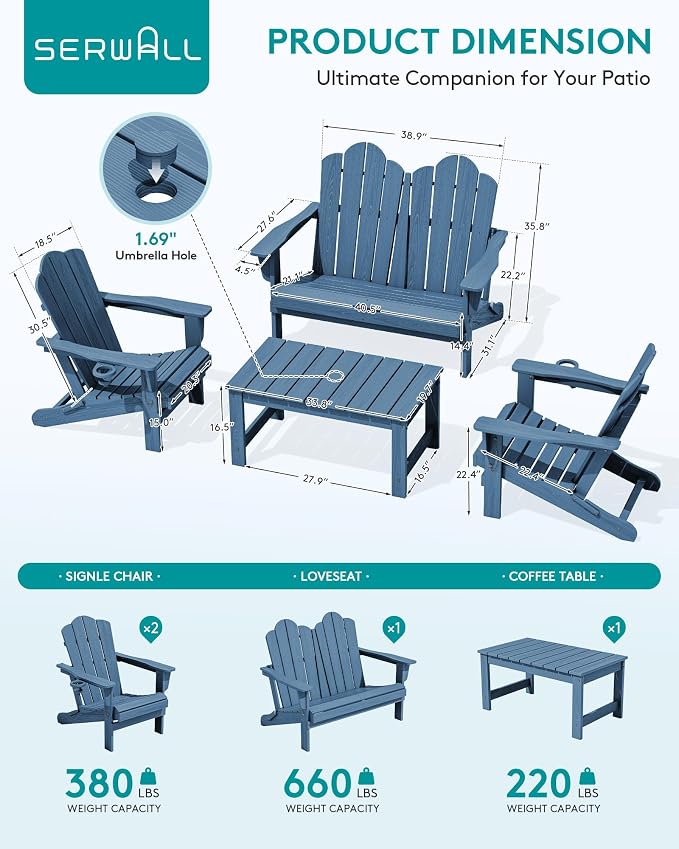 SERWALL 5 Pieces HDPE Patio Adirondack Chair Set, 2 Adirondack Chair - Image 2
