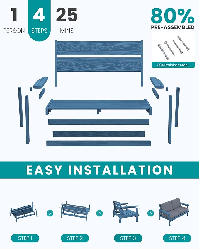 SERWALL HDPE Patio Furniture Set, 5 Piece All Weather Wood-Like Sectional - Image 7