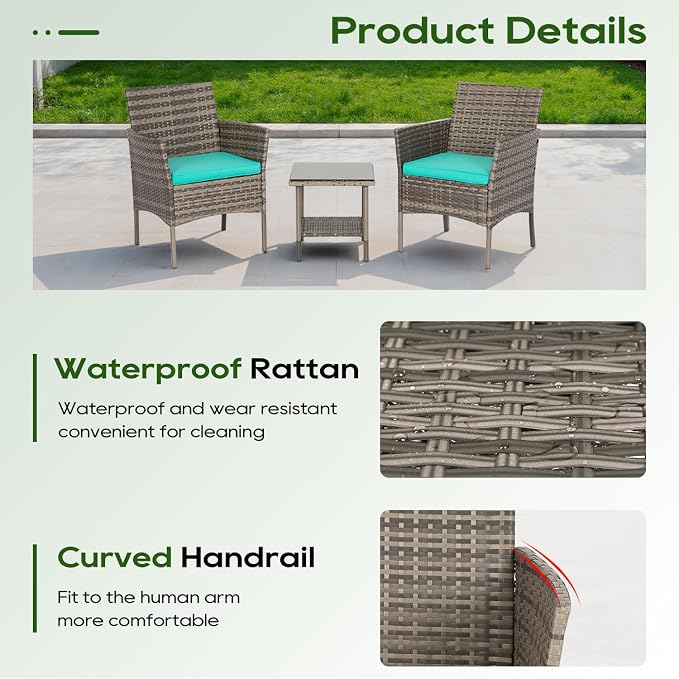 FDW | 3-Piece Patio Furniture Set | Gray & Blue | Outdoor Wicker Furniture - Image 3