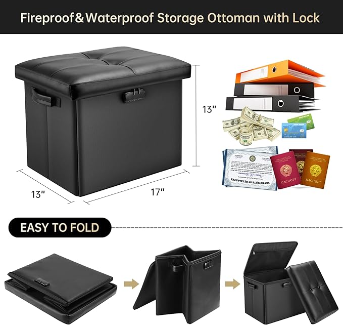 DocSafe Storage Ottoman with Lock, Fireproof Folding Ottoman Foot Rest Stool - Image 3