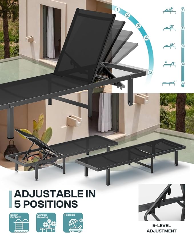 Lounge Chair Outdoor with Wheels, Aluminum Patio Chaise Lounge Chair with 5 - Image 4