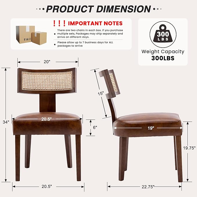 HNY Mid Century Modern Rattan Dining Chairs Set of 2, Farmhouse PU Leather - Image 2