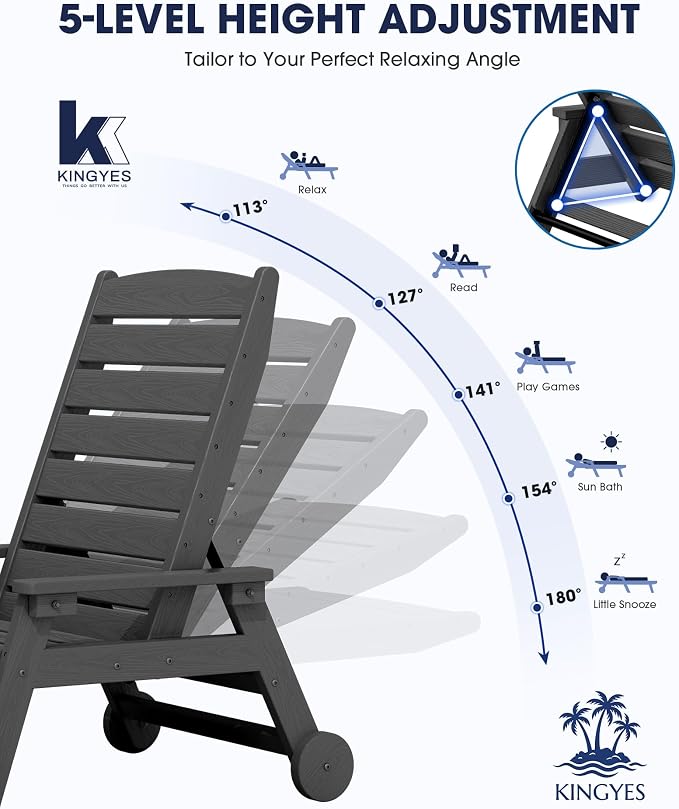 KINGYES HDPE Lounge Chair Outdoor, Patio Chaise Lounge Recliner - Image 4