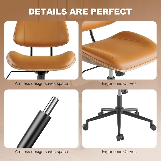 Armless Office Chair with Wheels, PU Leather Adjustable Height Desk Chair - Image 5