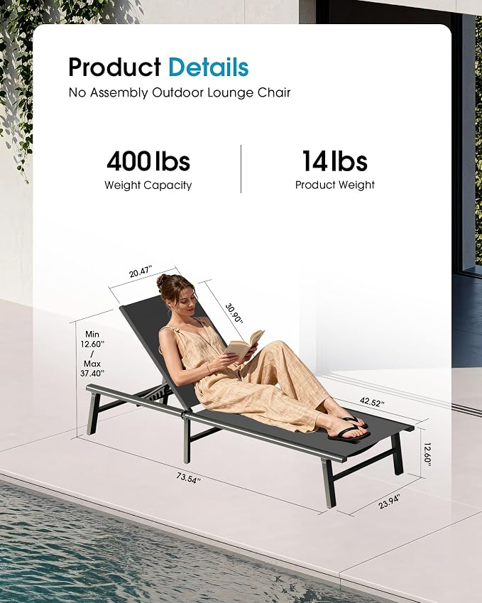 Ciokea Foldable Outdoor Lounge Chair Set of 4, No Assembly Aluminum Chaise - Image 2