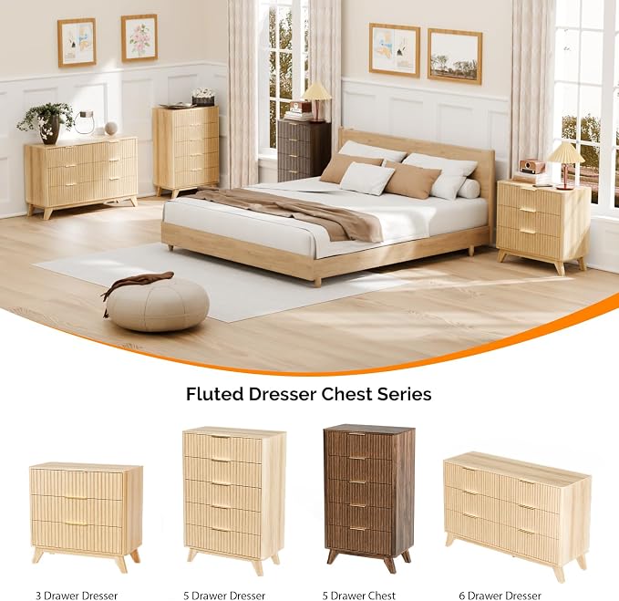 VINGLI Fluted Tall Dresser 5 Drawer Chest of Drawers, Walnut Wood Dresser - Image 6