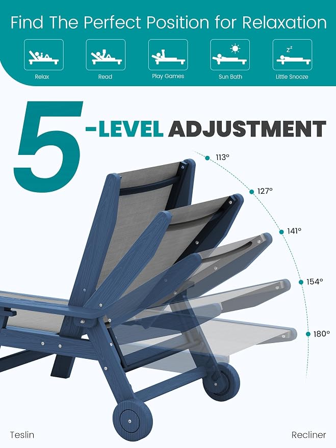 SERWALL Textilene Patio Chaise Lounge Chair Set of 2, 5 Positions Outdoor - Image 3
